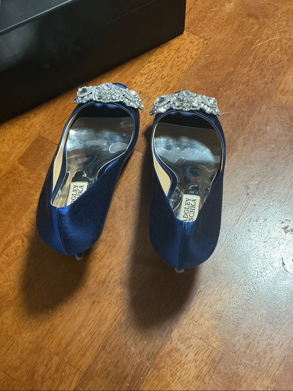 Badgley Mischka Navy Blue Satin Peep-Toe Heels with Crystal Accent - Picture 5 of 5